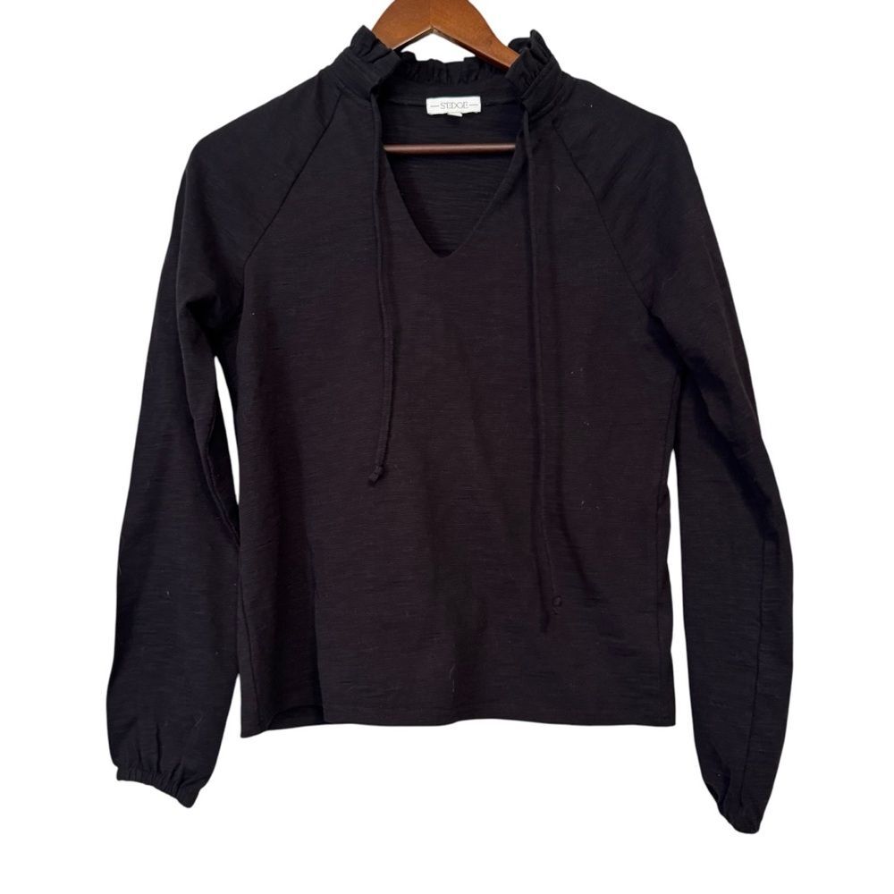 S'Edge Black Ruffled Tie Front Long Sleeve Top Mandarin Collar